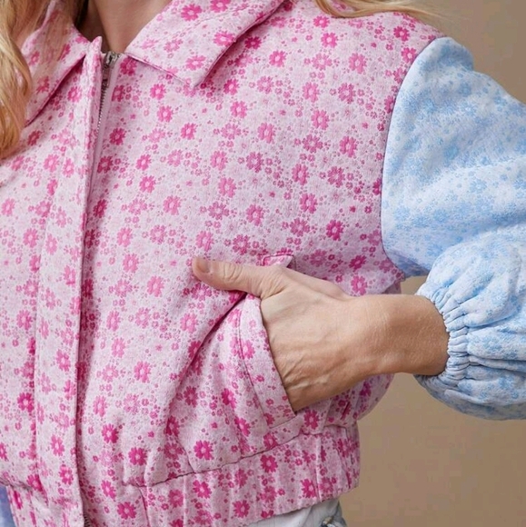 Spring Two Tone Colorblock Floral Patterned Brocade Jacquard Long Sleeve Jacket - Picture 6 of 7